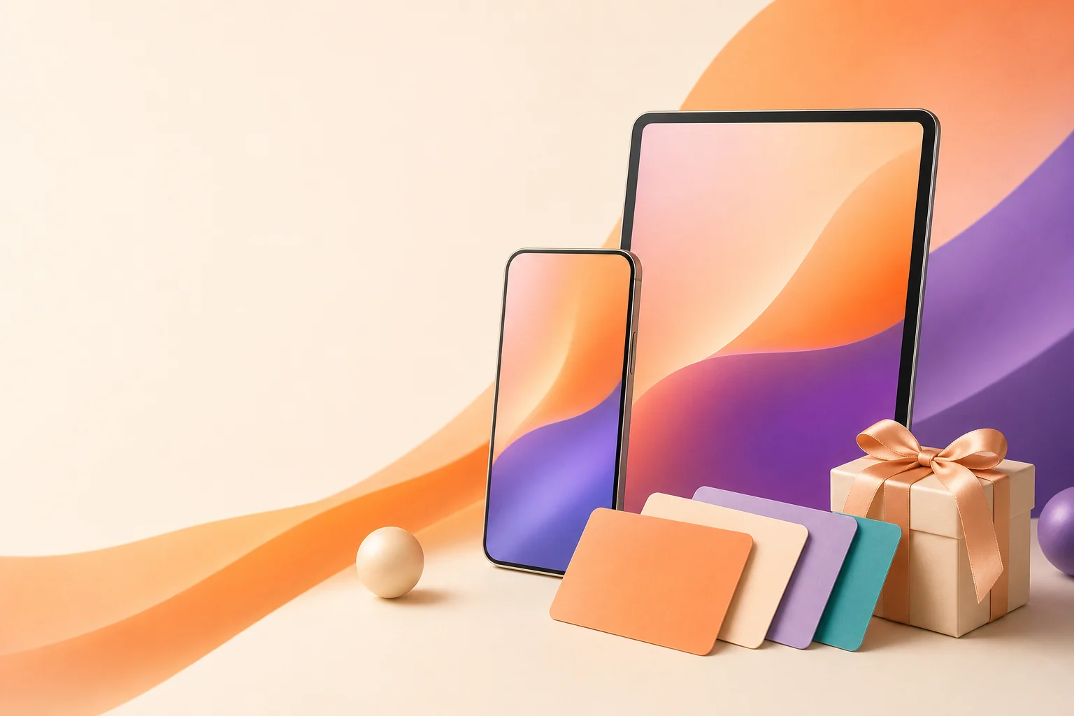 Reward collection featuring a smartphone, tablet, gift cards, and gift box